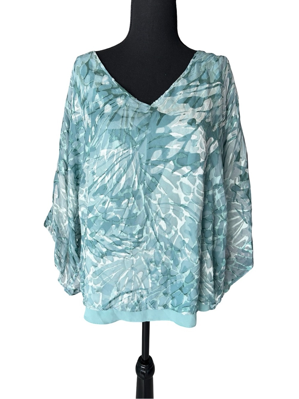 White House Black Market Light Teal Printed V-Neck Tunic